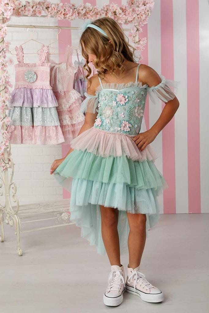Blue Sage and Pink Embellished Bodice High Low Dress